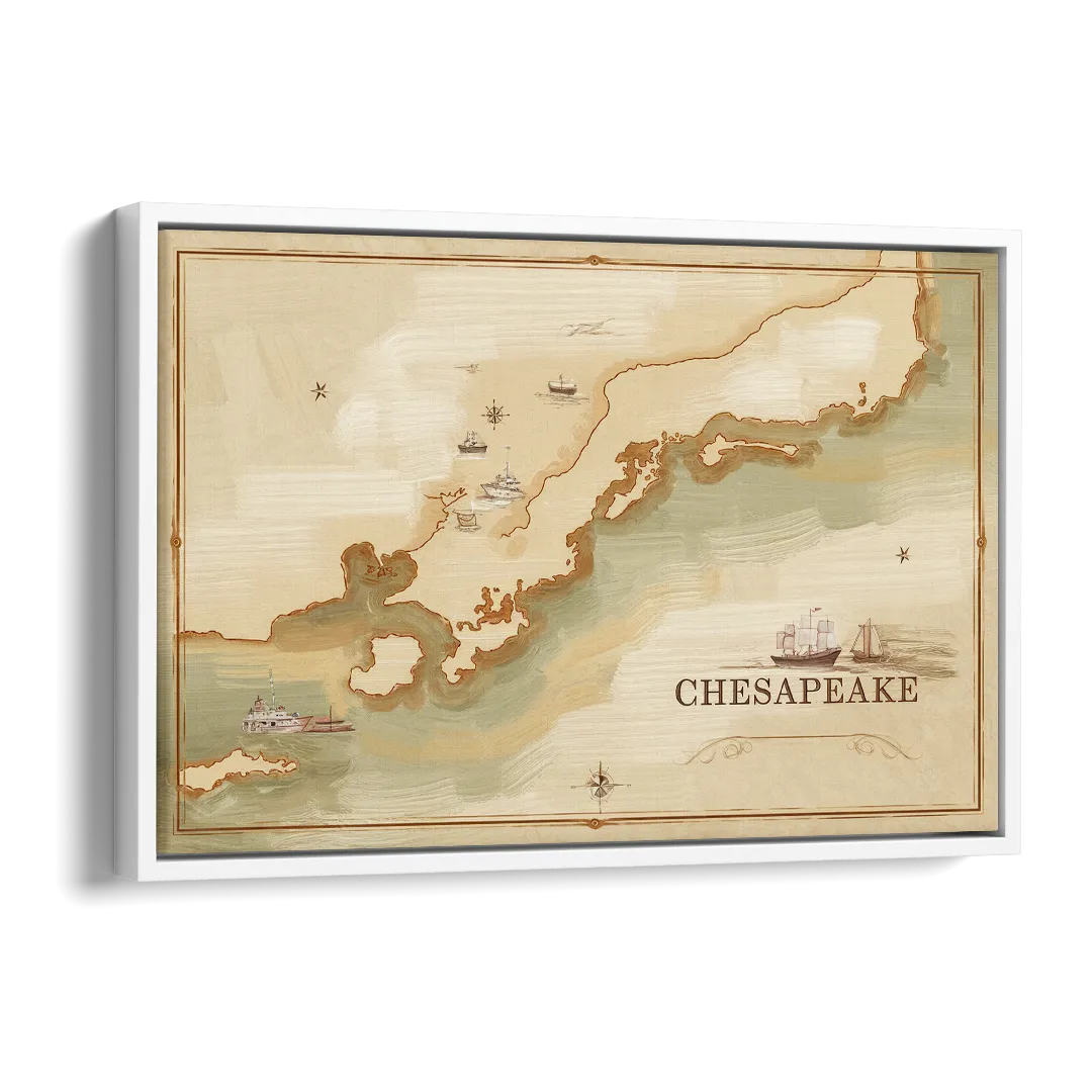 Chesapeake Bay Map Elegance Side - White Canvas Wall Art