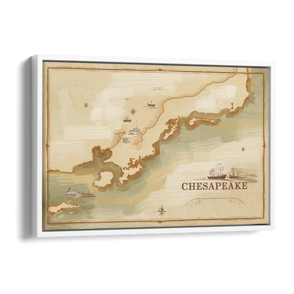 Chesapeake Bay Map Elegance Side - White Canvas Wall Art