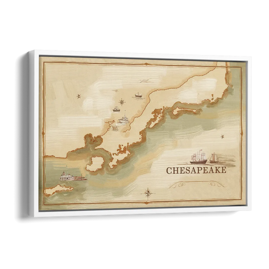 Chesapeake Bay Map Elegance Side - White Canvas Wall Art