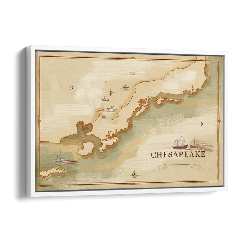 Chesapeake Bay Map Elegance Side - White Canvas Wall Art