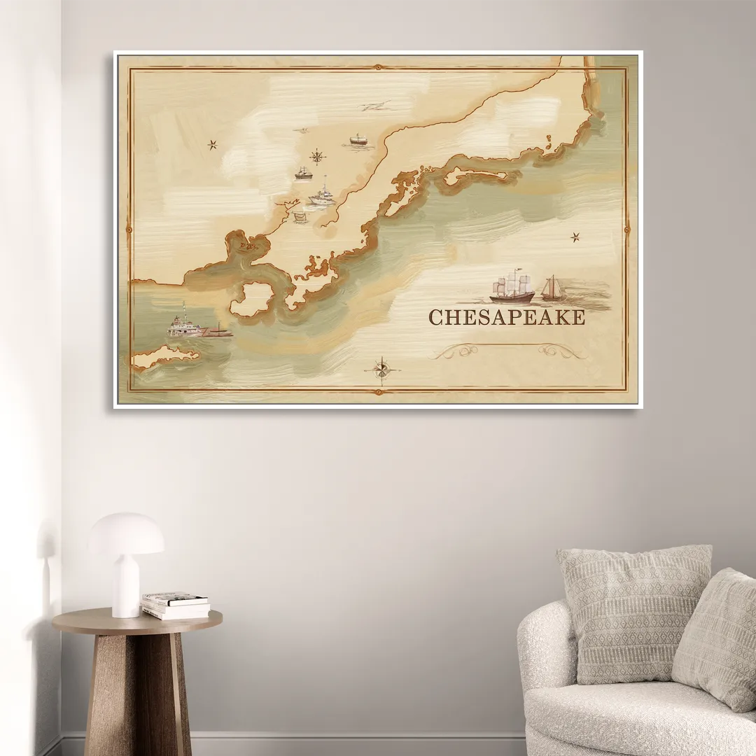 Chesapeake Bay Map Elegance Sitting Room - White Canvas Wall Art