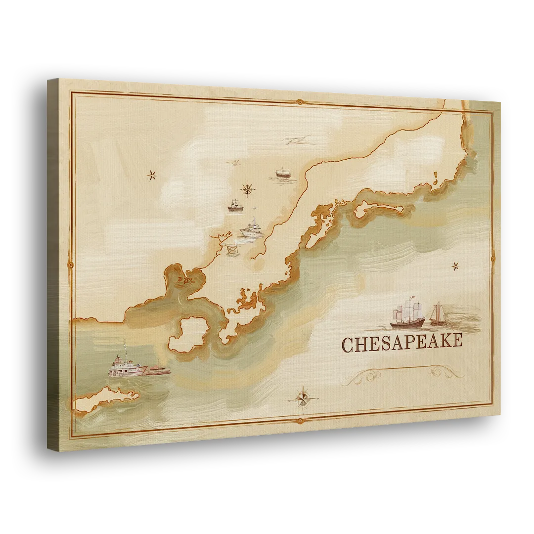 Chesapeake Bay Map Elegance Side - Canvas Wall Art
