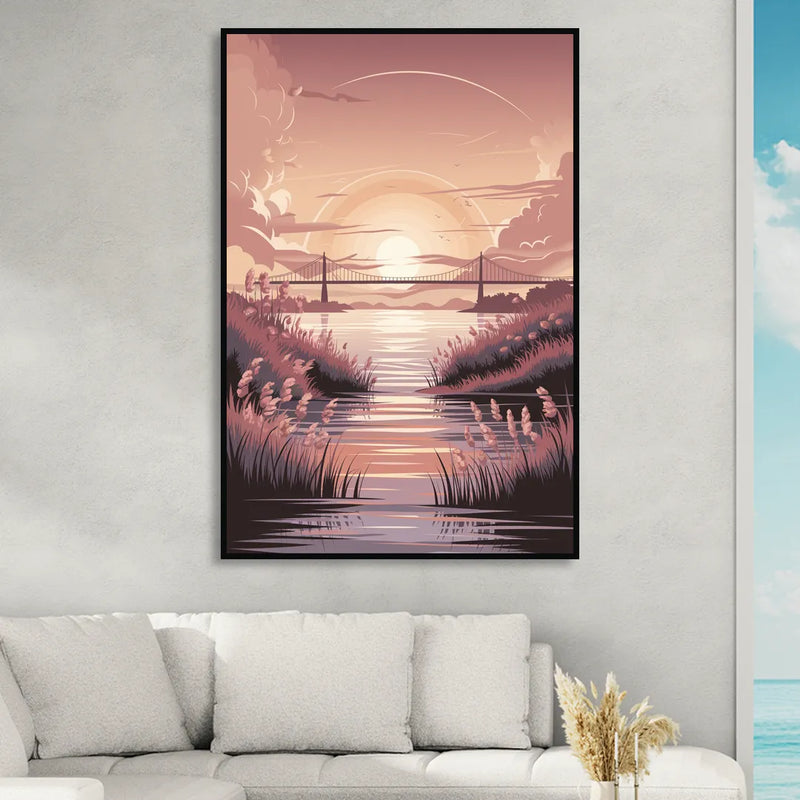 Chesapeake Bay Sunset Glow Living Room - Black Canvas Wall Art