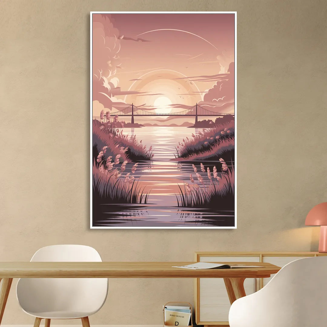 Chesapeake Bay Sunset Glow Living Room - White Canvas Wall Art