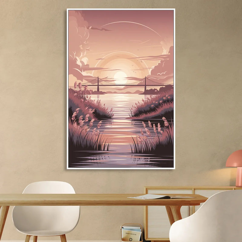 Chesapeake Bay Sunset Glow Living Room - White Canvas Wall Art