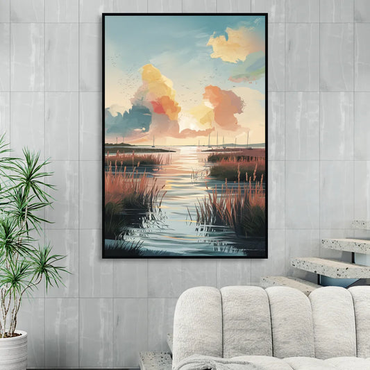 Chesapeake Coastal Sunrise Living Room - Black Canvas Wall Art