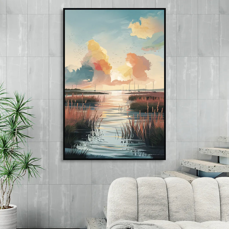 Chesapeake Coastal Sunrise Living Room - Black Canvas Wall Art