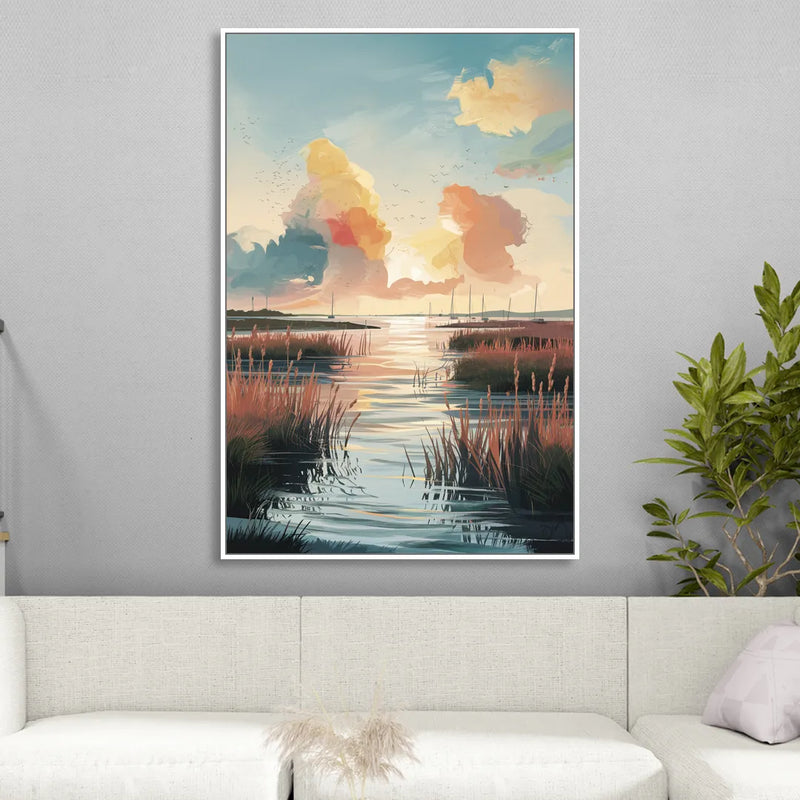 Chesapeake Coastal Sunrise Living Room - White Canvas Wall Art