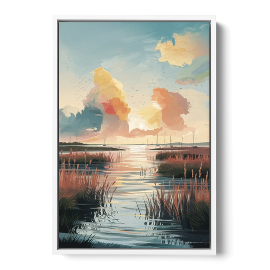 Chesapeake Coastal Sunrise - White Framed Canvas Wall Art - Front