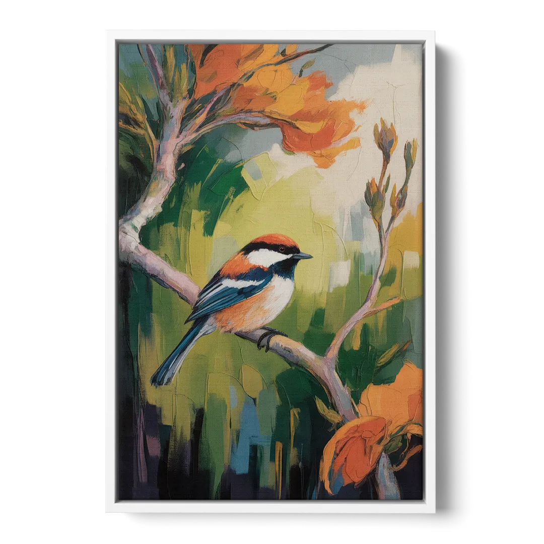 Chic Chickadee Charm Front - White Canvas Wall Art