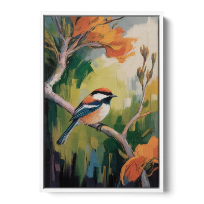 Chic Chickadee Charm Front - White Canvas Wall Art