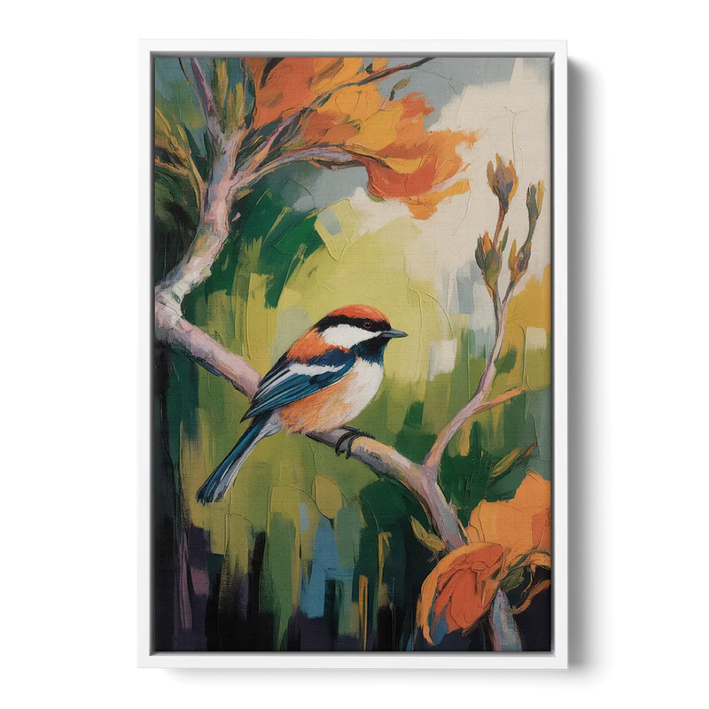 Chic Chickadee Charm Front - White Canvas Wall Art