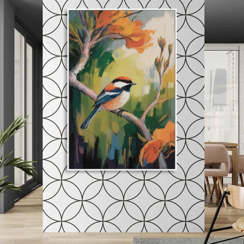 Chic Chickadee Charm Living Room - White Canvas Wall Art