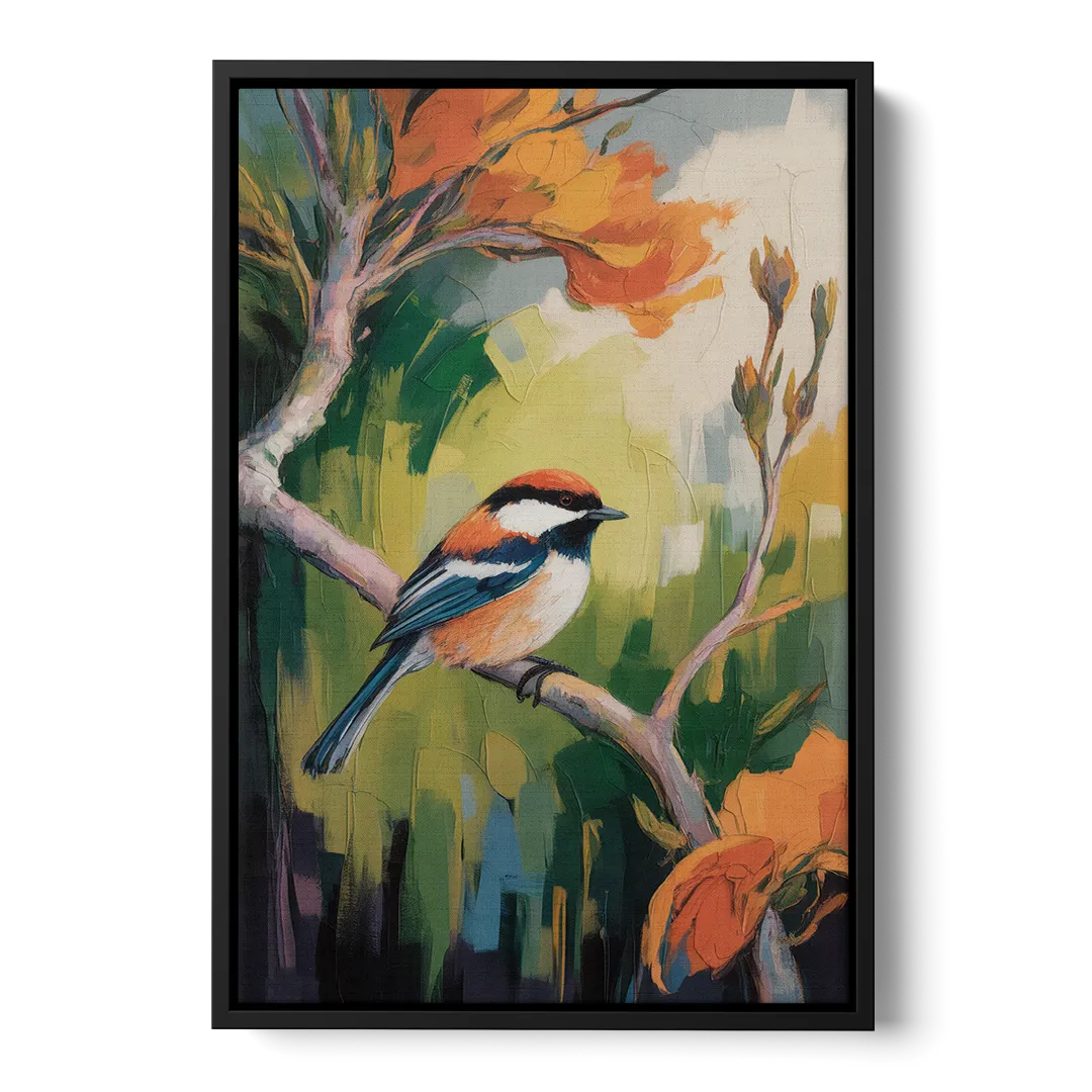Chic Chickadee Charm Front - Black Canvas Wall Art