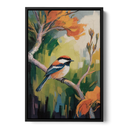 Chic Chickadee Charm Front - Black Canvas Wall Art