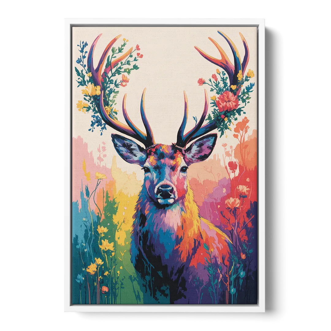 Chic Floral Deer Head - White Frame Canvas