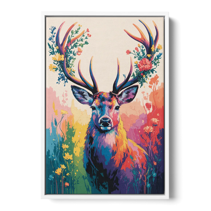 Chic Floral Deer Head - White Frame Canvas