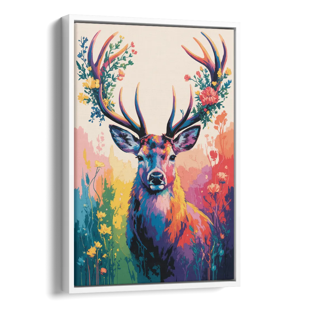 Chic Floral Deer Head Side - White Canvas Wall Art
