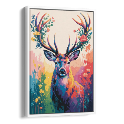 Chic Floral Deer Head Side - White Canvas Wall Art