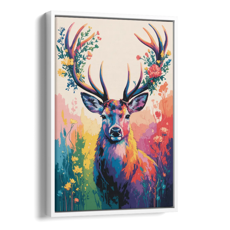 Chic Floral Deer Head Side - White Canvas Wall Art