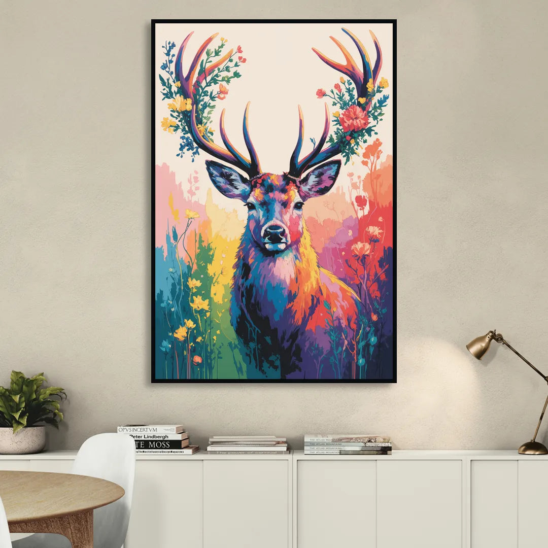 Chic Floral Deer Head Living Room - Black Canvas Wall Art