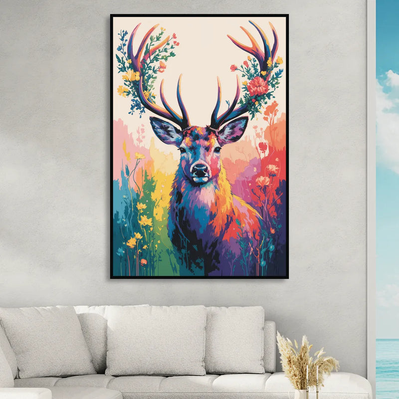 Chic Floral Deer Head Sitting Room - Black Canvas Wall Art