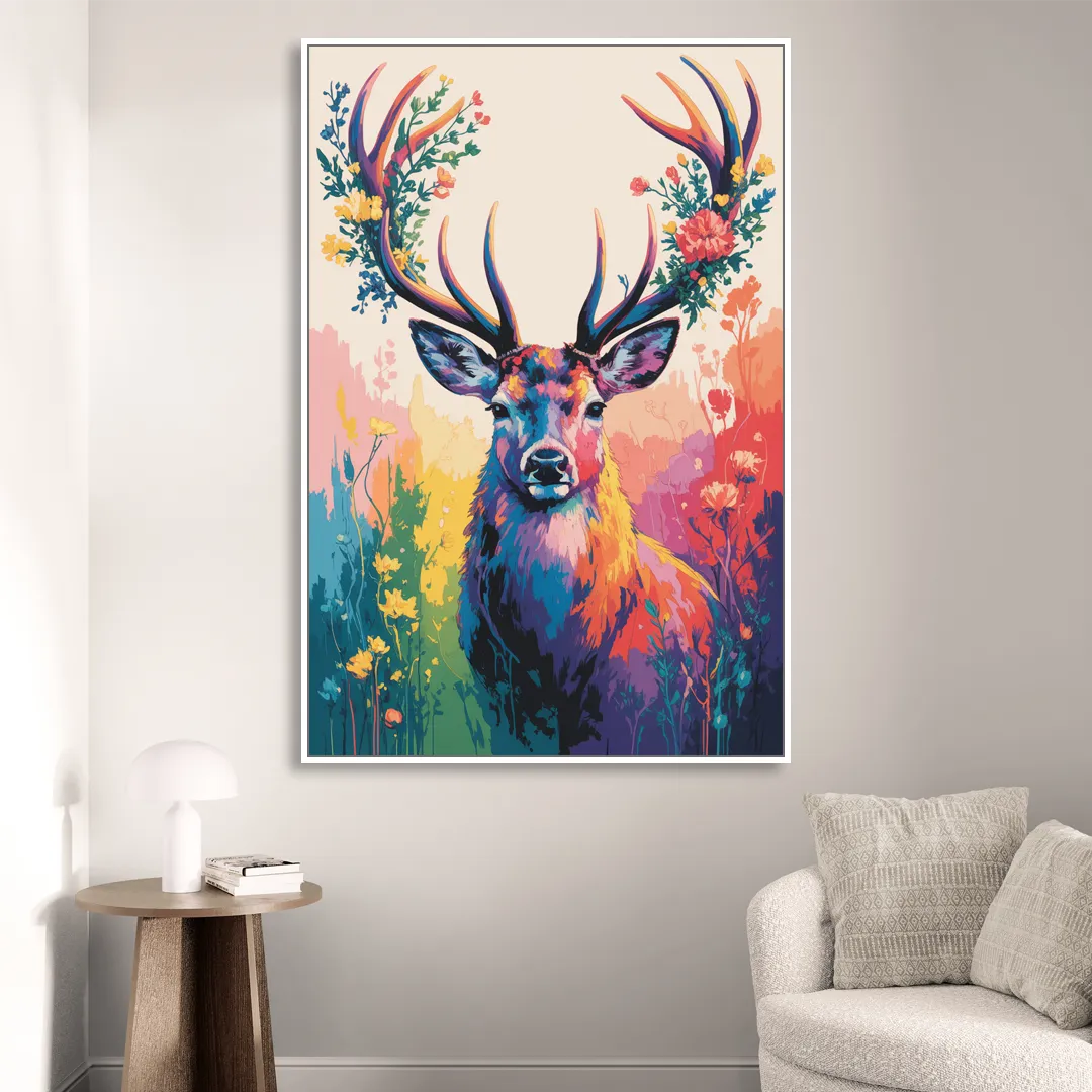 Chic Floral Deer Head Living Room - White Canvas Wall Art