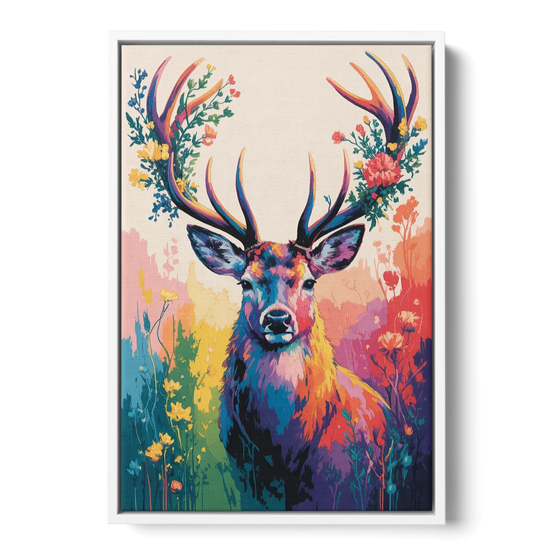 Chic Floral Deer Head Front - White Canvas Wall Art