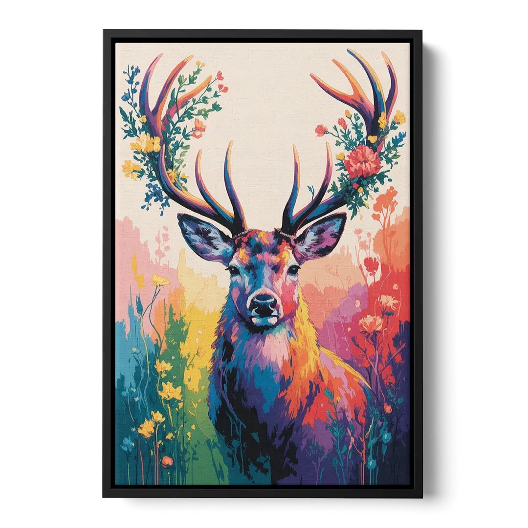 Chic Floral Deer Head Front - Black Canvas Wall Art