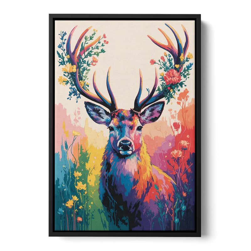 Chic Floral Deer Head Front - Black Canvas Wall Art