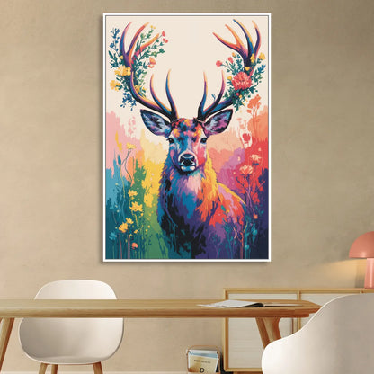 Chic Floral Deer Head Sitting Room - White Canvas Wall Art