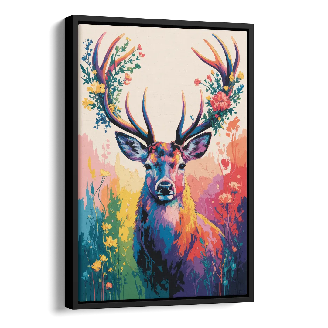 Chic Floral Deer Head Side - Black Canvas Wall Art