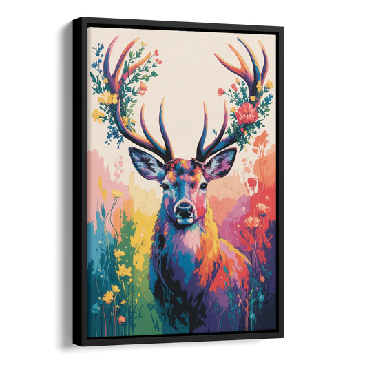 Chic Floral Deer Head Side - Black Canvas Wall Art