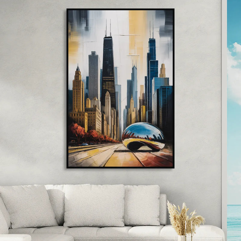 Chicago 3D Layered Skyline Perspective Living Room - Black Canvas Wall Art