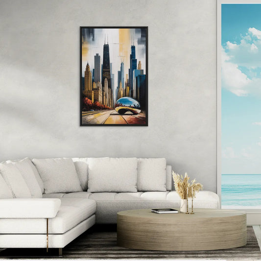 Chicago 3D Layered Skyline Perspective - Living Room Black Frame Canvas