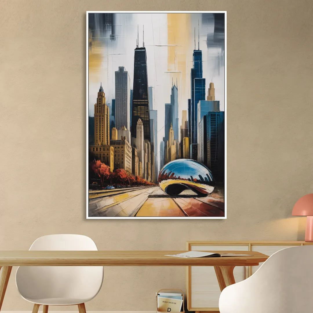 Chicago 3D Layered Skyline Perspective Living Room - White Canvas Wall Art