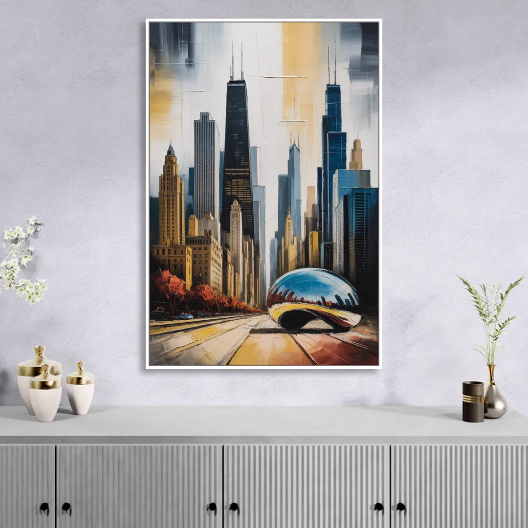 Chicago 3D Layered Skyline Perspective Sitting Room - White Canvas Wall Art