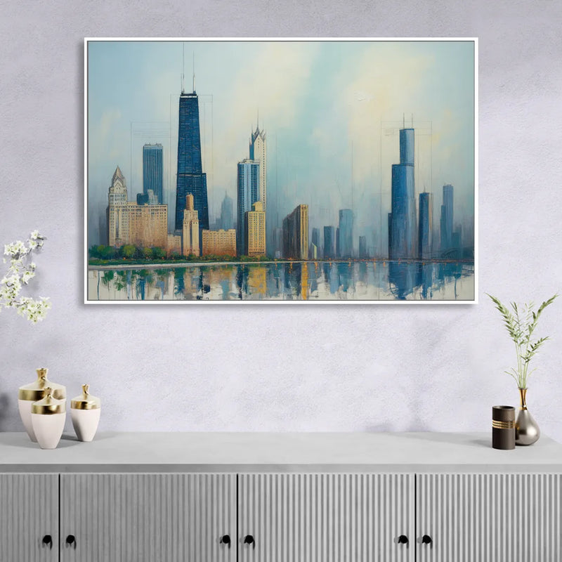 Chicago Architectural Blueprint Series Living Room - White Canvas Wall Art