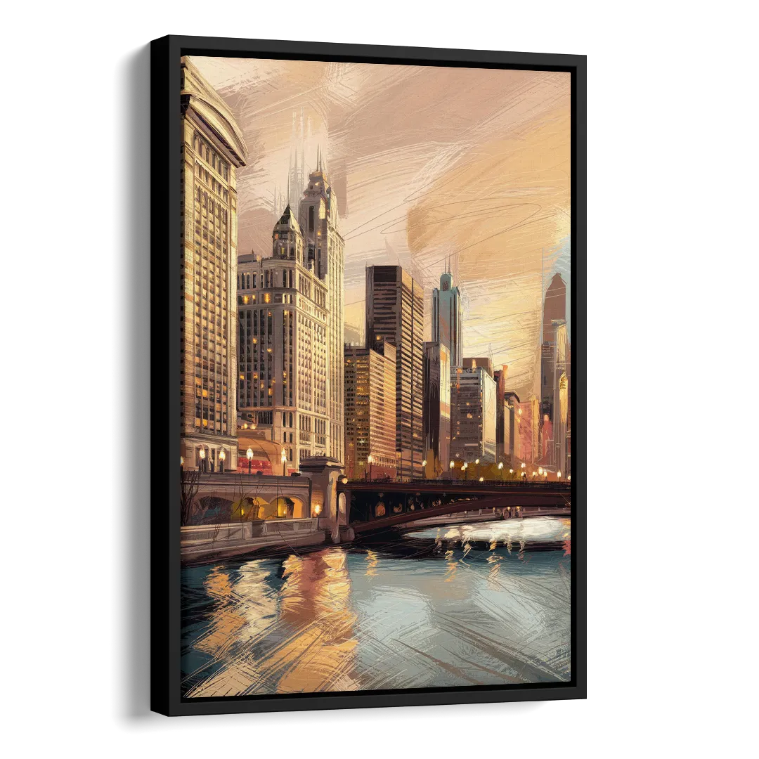 Chicago Architecture and Landmarks Side - Black Canvas Wall Art