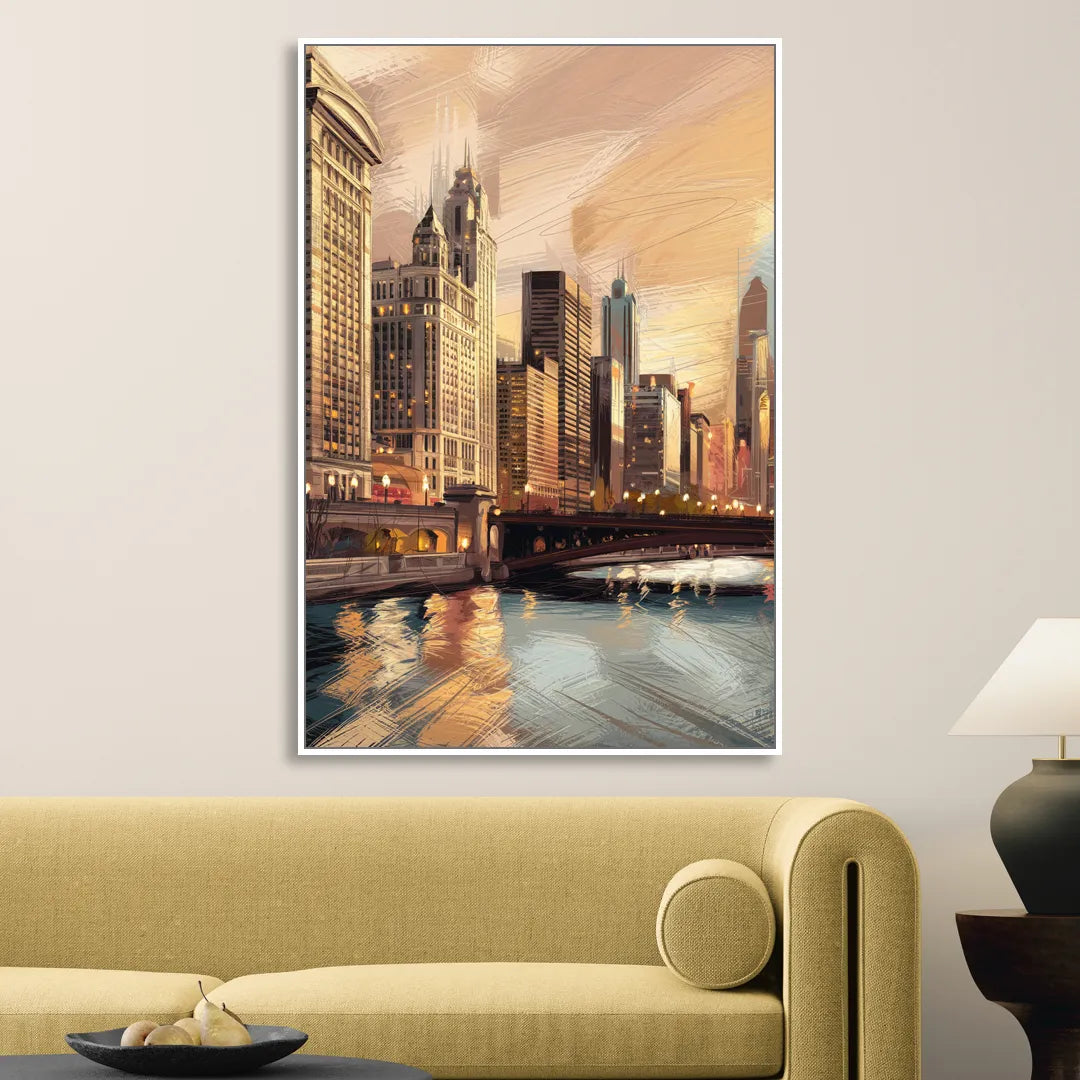 Chicago Architecture and Landmarks Living Room - White Canvas Wall Art