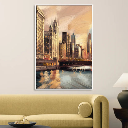 Chicago Architecture and Landmarks Living Room - White Canvas Wall Art