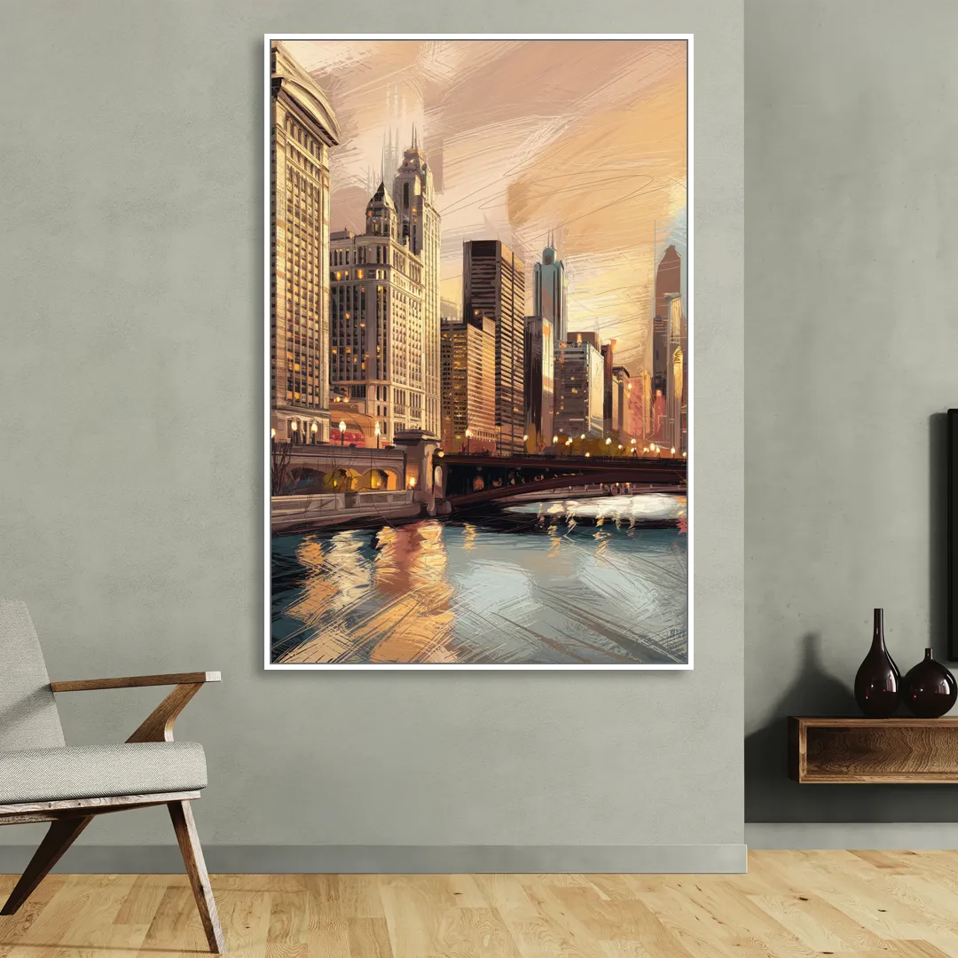 Chicago Architecture and Landmarks Sitting Room - White Canvas Wall Art