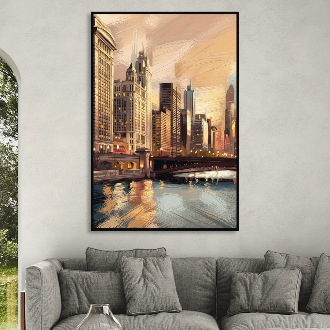 Chicago Architecture and Landmarks Living Room - Black Canvas Wall Art