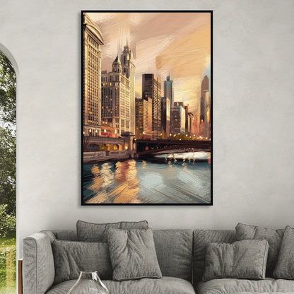 Chicago Architecture and Landmarks Living Room - Black Canvas Wall Art