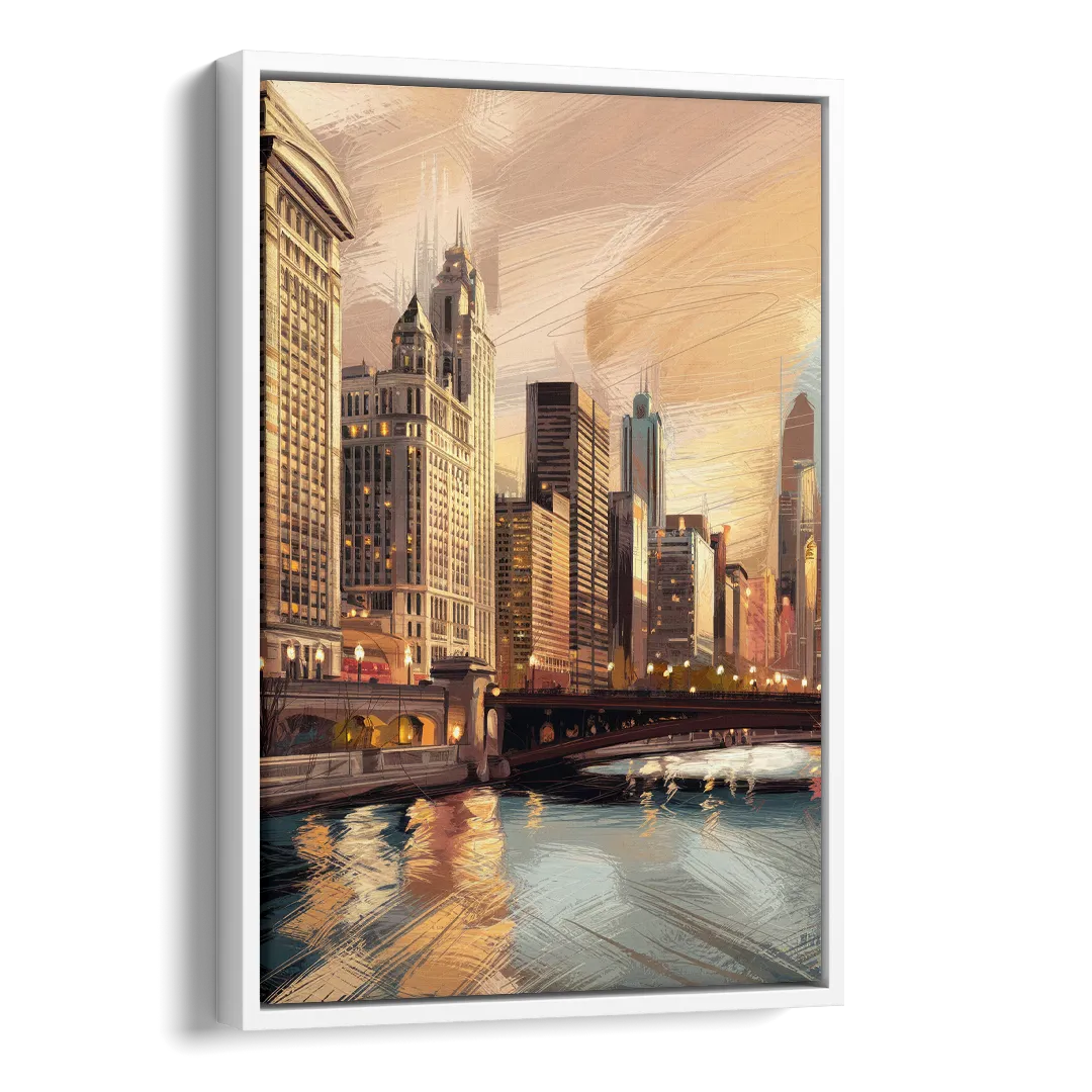 Chicago Architecture and Landmarks Side - White Canvas Wall Art