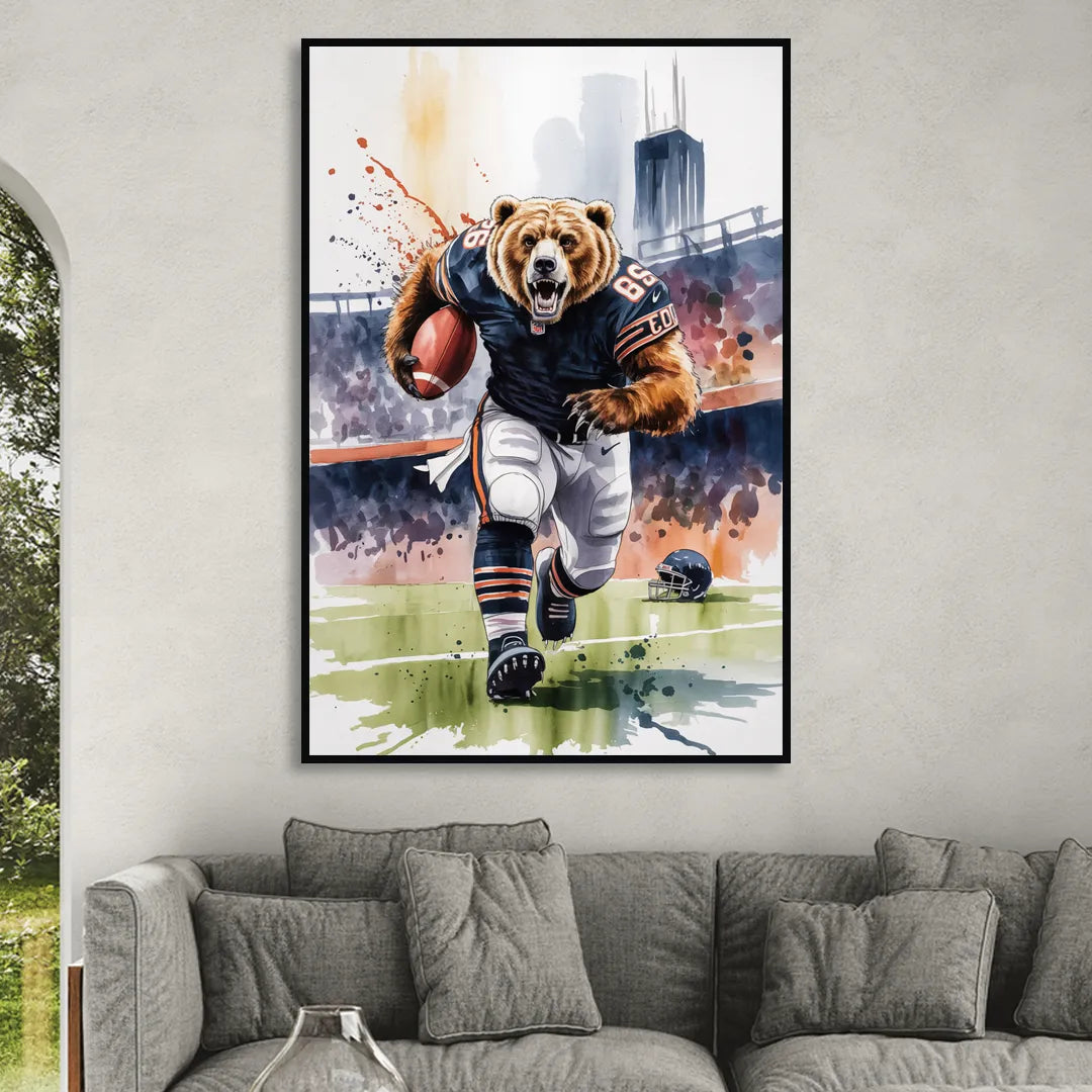 Chicago Bears Watercolor Art Fierce Mascot in Motion Sitting Room - Black Canvas Wall Art