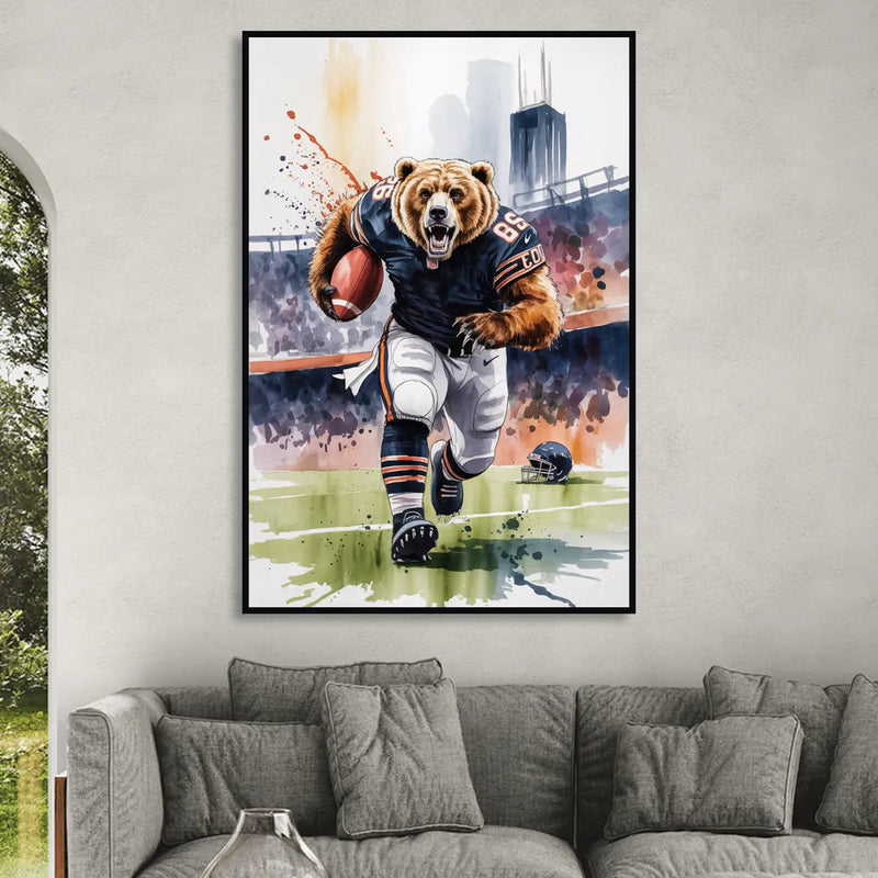 Chicago Bears Watercolor Art Fierce Mascot in Motion Sitting Room - Black Canvas Wall Art