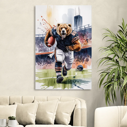 Chicago Bears Watercolor Art Fierce Mascot in Motion Sitting Room - Canvas Wall Art