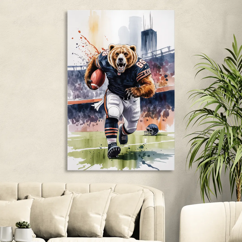Chicago Bears Watercolor Art Fierce Mascot in Motion Sitting Room - Canvas Wall Art