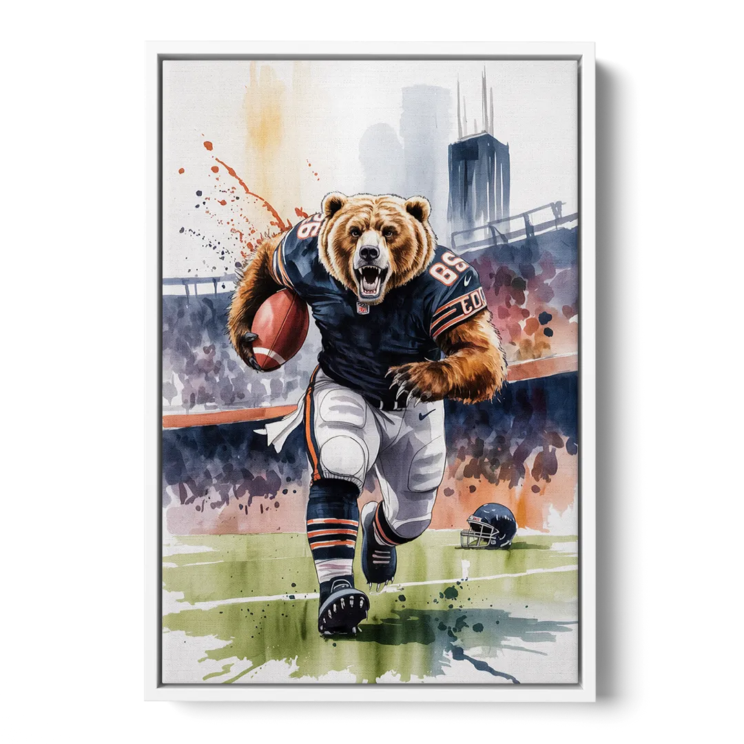 Chicago Bears Watercolor Art Fierce Mascot in Motion Front - White Canvas Wall Art